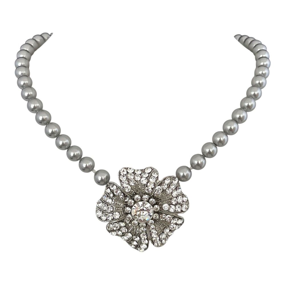 New Tia Adora Bridal Necklace Black Pearl Crystal Pendant Silver Tone - 11N